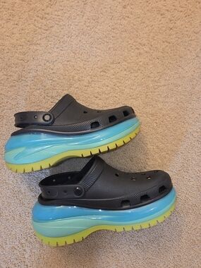 CROCS Black Slip-On Clogs with Blue and Yellow Platform Sole